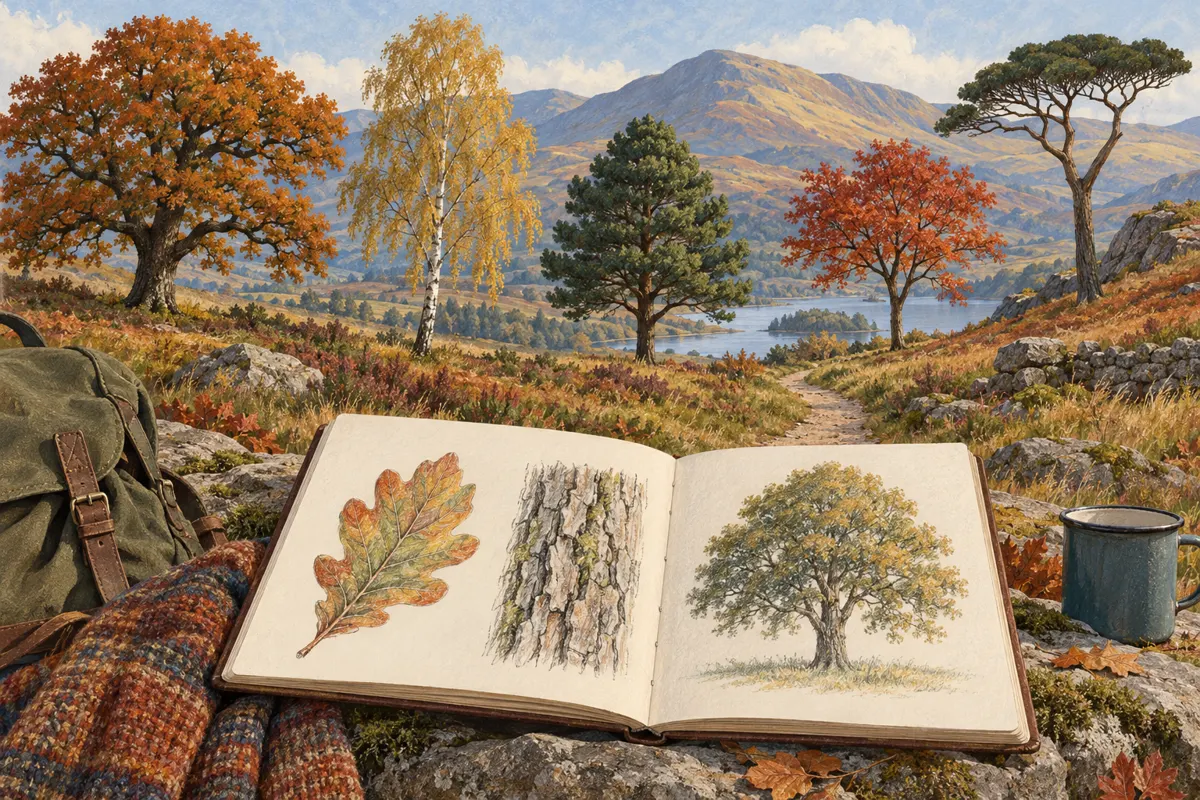 Ilustracja ścieżki z pięcioma drzewami i notesu ze szkicami liścia, kory oraz sylwetki drzewa na tle gór.