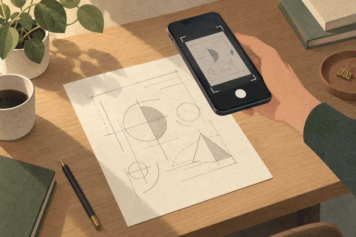 Ilustracja telefonu skanującego kartkę notatek na równomiernie oświetlonym biurku