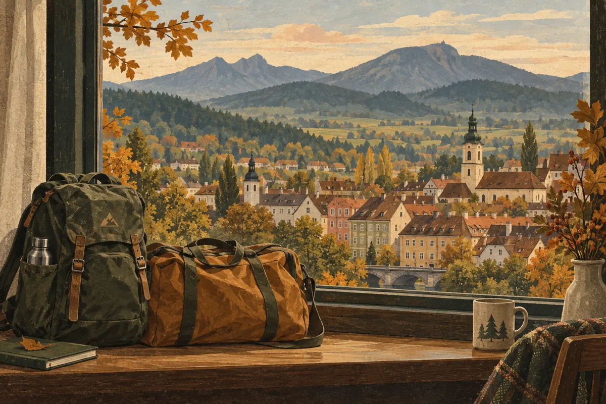 Ilustracja torby i plecaka na tle umownego dolnośląskiego miasta, zielonej doliny i gór.